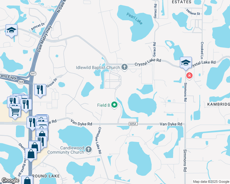 map of restaurants, bars, coffee shops, grocery stores, and more near 18441 Exciting Idlewild Boulevard in Lutz