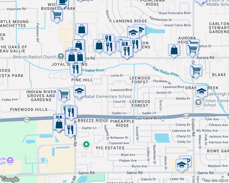 map of restaurants, bars, coffee shops, grocery stores, and more near 2623 Larry Court in Melbourne