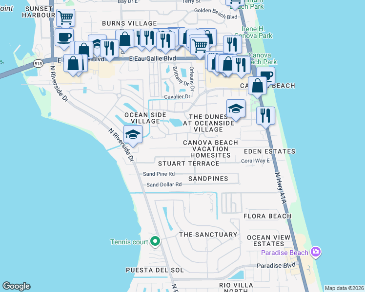 map of restaurants, bars, coffee shops, grocery stores, and more near 175 Atlantic Avenue in Indialantic