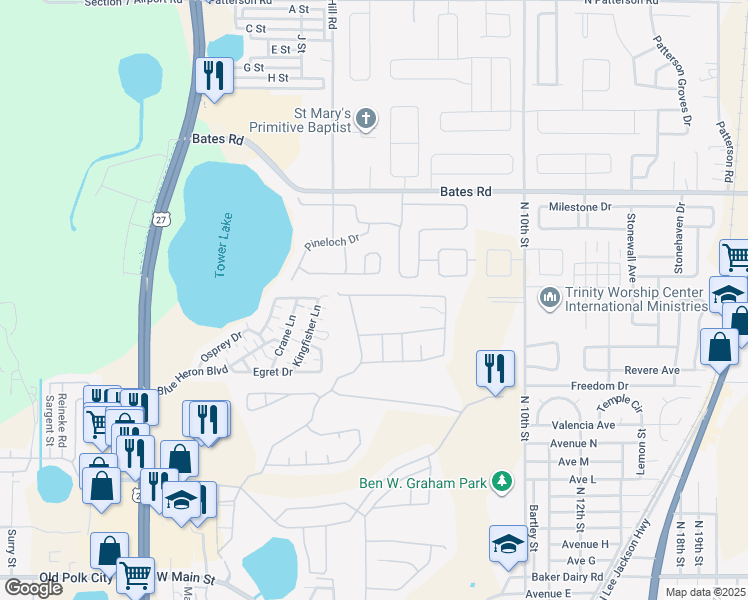 map of restaurants, bars, coffee shops, grocery stores, and more near 639 Copeland Drive in Haines City