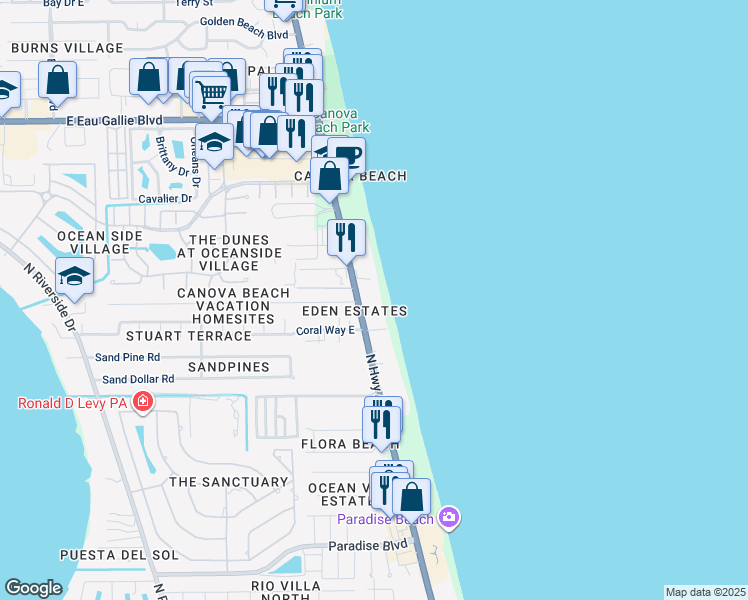 map of restaurants, bars, coffee shops, grocery stores, and more near 2875 Florida A1A in Indialantic