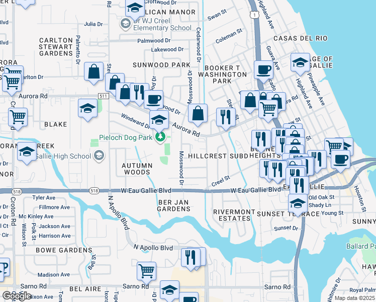 map of restaurants, bars, coffee shops, grocery stores, and more near 1125 Aurora Road in Melbourne