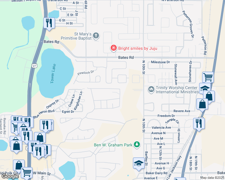 map of restaurants, bars, coffee shops, grocery stores, and more near 147 Minniehaha Circle in Haines City