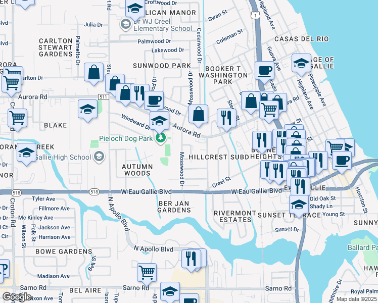 map of restaurants, bars, coffee shops, grocery stores, and more near 1523 Beechfern Drive in Melbourne