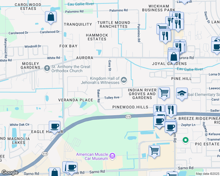 map of restaurants, bars, coffee shops, grocery stores, and more near 239 Easy Street in Melbourne