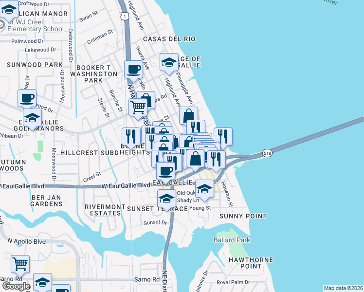 map of restaurants, bars, coffee shops, grocery stores, and more near 1562 Guava Avenue in Melbourne