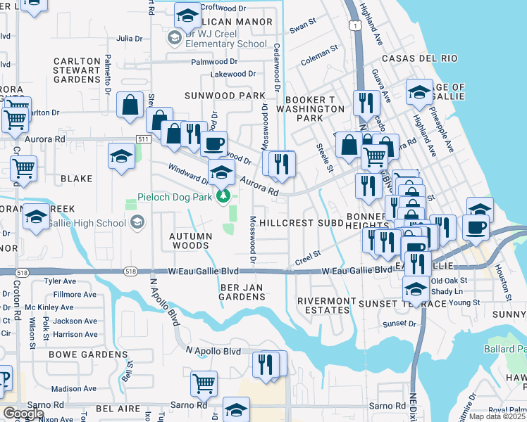 map of restaurants, bars, coffee shops, grocery stores, and more near 1529 Beechfern Drive in Melbourne