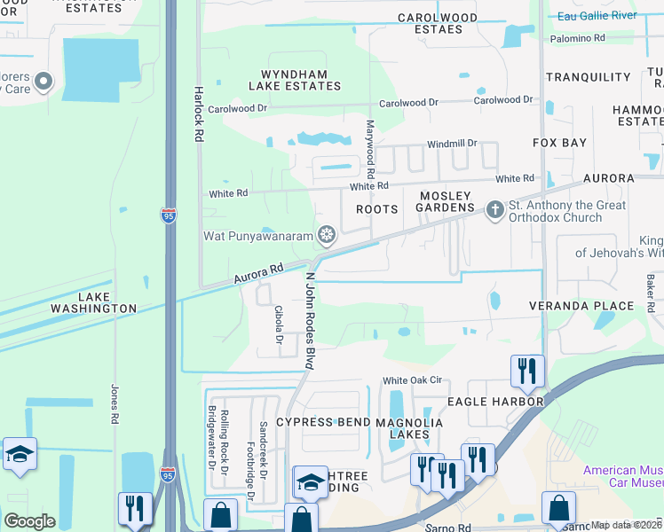 map of restaurants, bars, coffee shops, grocery stores, and more near 1340 Morgan Court in Melbourne