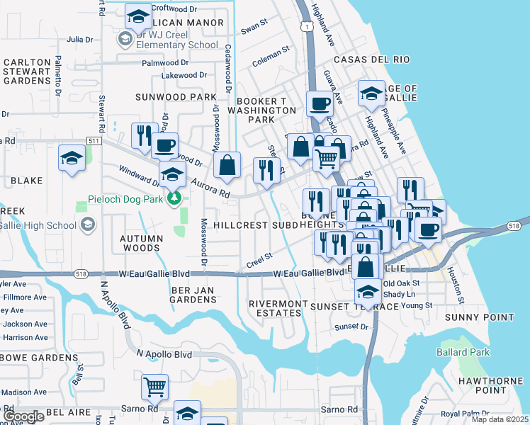 map of restaurants, bars, coffee shops, grocery stores, and more near 1577 Virginia Drive in Melbourne