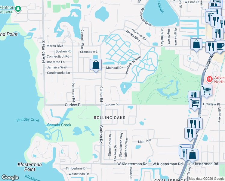 map of restaurants, bars, coffee shops, grocery stores, and more near 1140 Lancer Lane West in Tarpon Springs