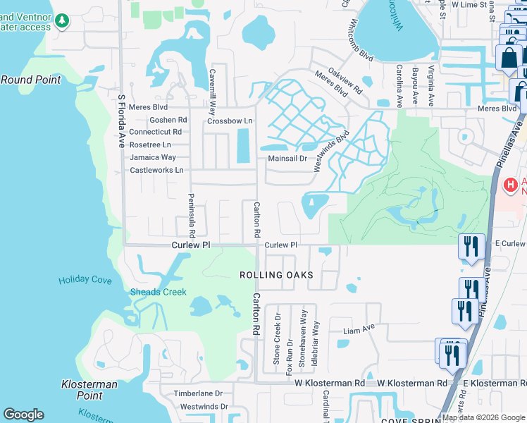 map of restaurants, bars, coffee shops, grocery stores, and more near 1104 Carlton Road in Tarpon Springs