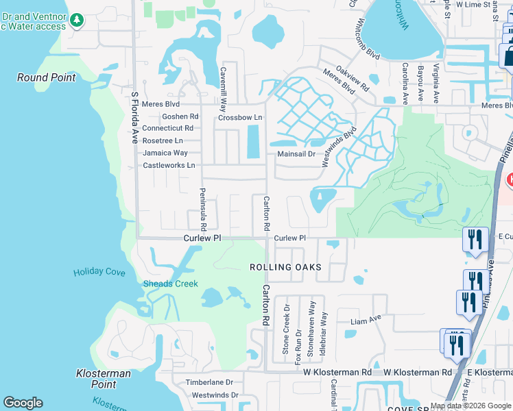 map of restaurants, bars, coffee shops, grocery stores, and more near 1104 Carlton Road in Tarpon Springs