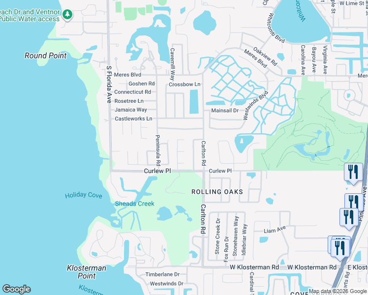map of restaurants, bars, coffee shops, grocery stores, and more near 1301 Fir Court in Tarpon Springs