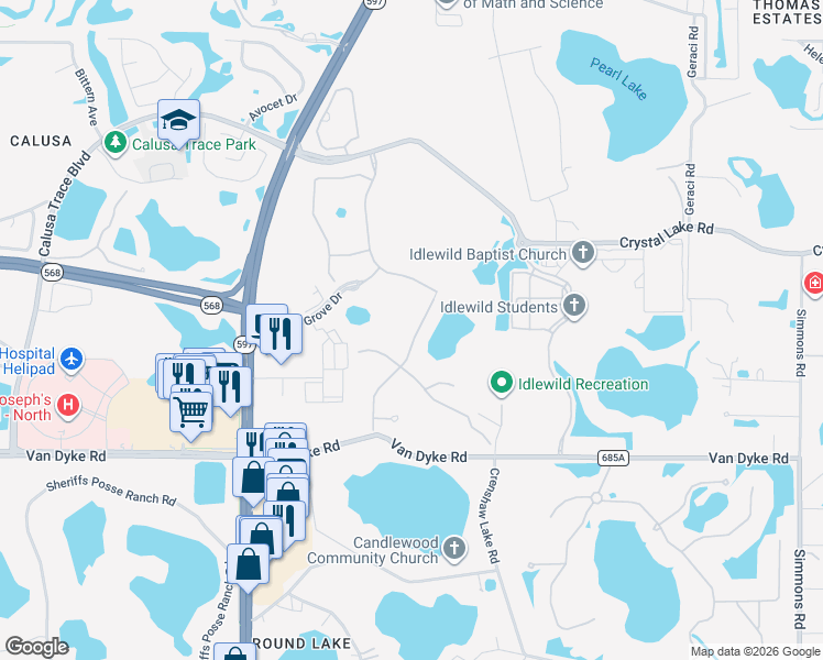 map of restaurants, bars, coffee shops, grocery stores, and more near 18014 Woodland View Drive in Lutz