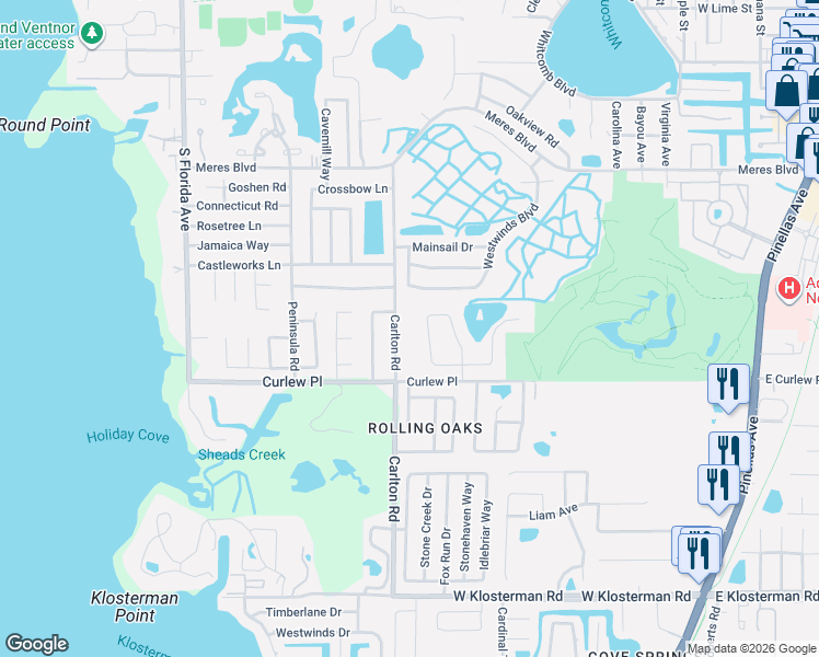 map of restaurants, bars, coffee shops, grocery stores, and more near 1111 Carlton Road in Tarpon Springs