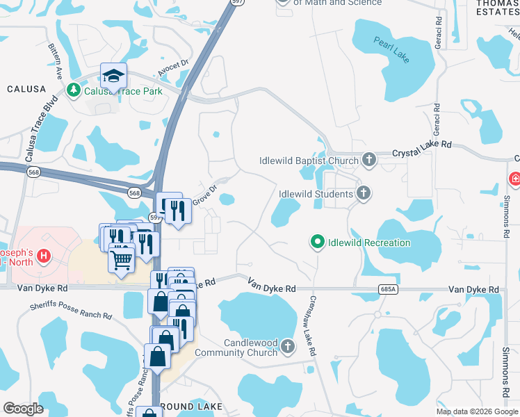 map of restaurants, bars, coffee shops, grocery stores, and more near 18021 Woodland View Drive in Lutz