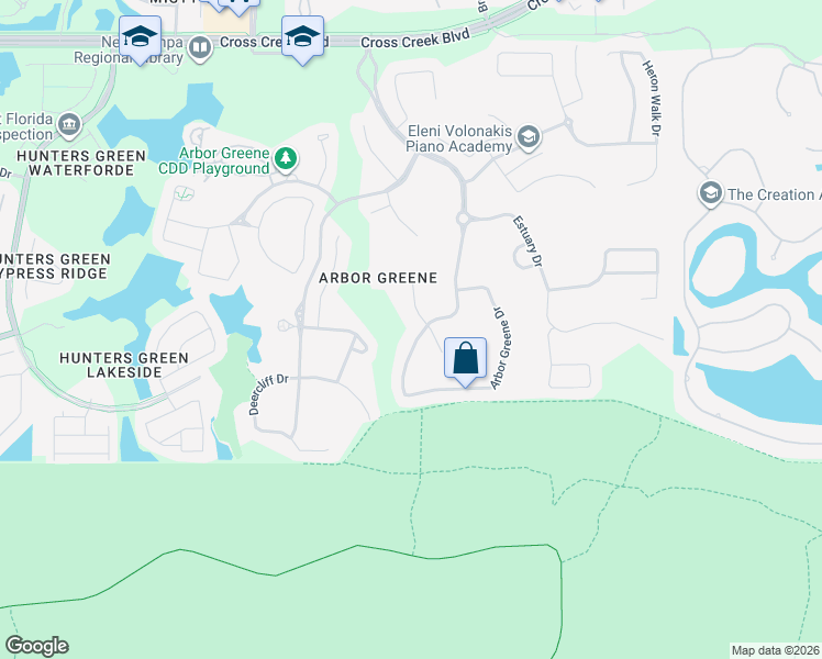 map of restaurants, bars, coffee shops, grocery stores, and more near 17888 Arbor Greene Drive in Tampa