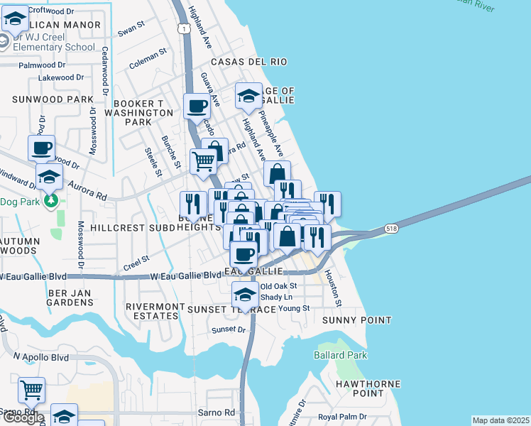 map of restaurants, bars, coffee shops, grocery stores, and more near 1562 Guava Avenue in Melbourne