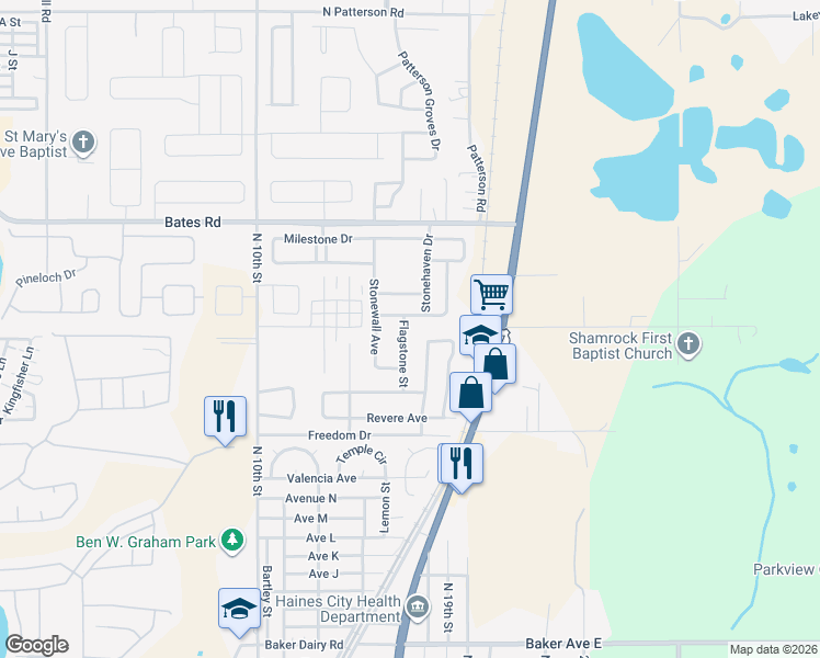 map of restaurants, bars, coffee shops, grocery stores, and more near 449 Hammerstone Avenue in Haines City