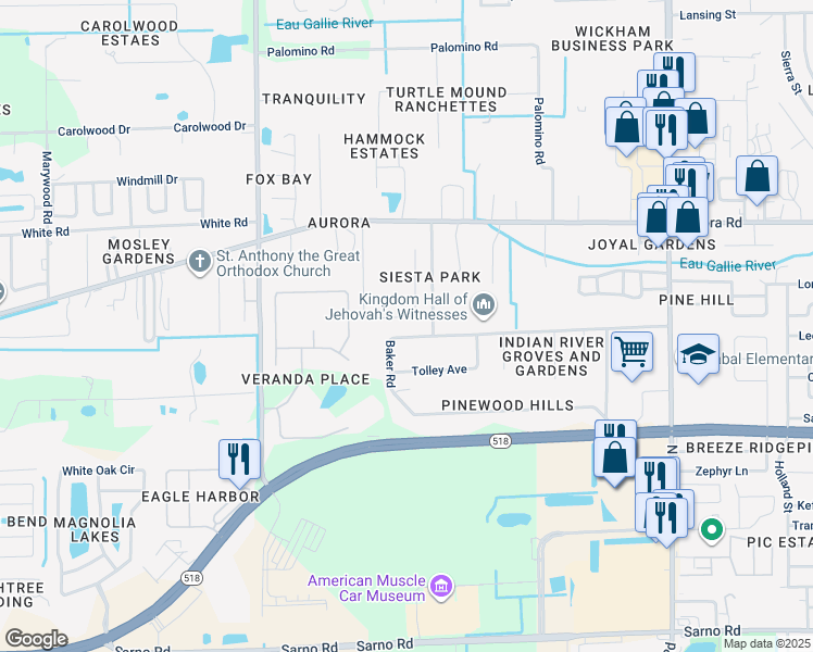 map of restaurants, bars, coffee shops, grocery stores, and more near 1658 Sienna Drive in Melbourne
