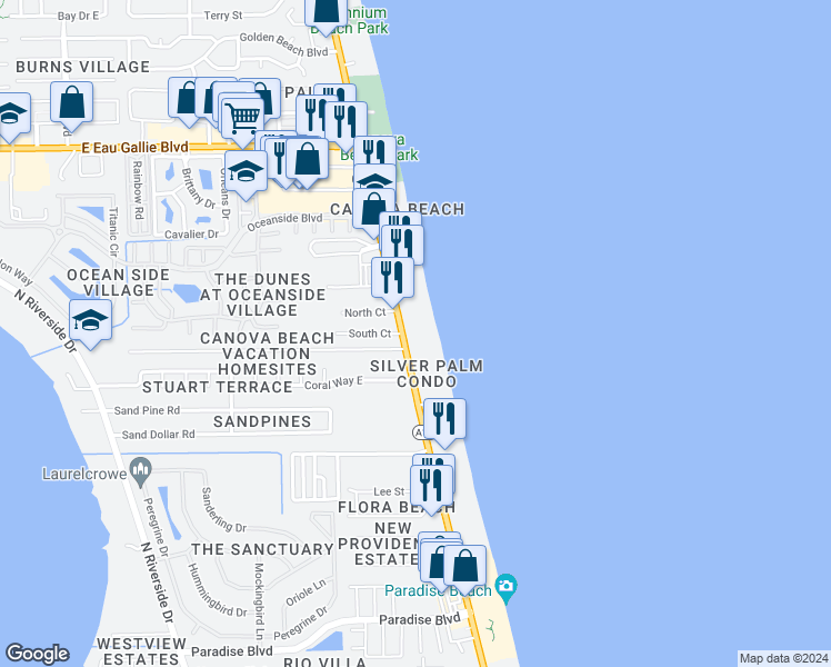 map of restaurants, bars, coffee shops, grocery stores, and more near 2875 Florida A1A in Indialantic