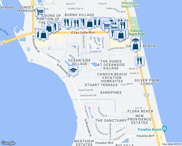 map of restaurants, bars, coffee shops, grocery stores, and more near 365 Barnacle Lane in Indialantic