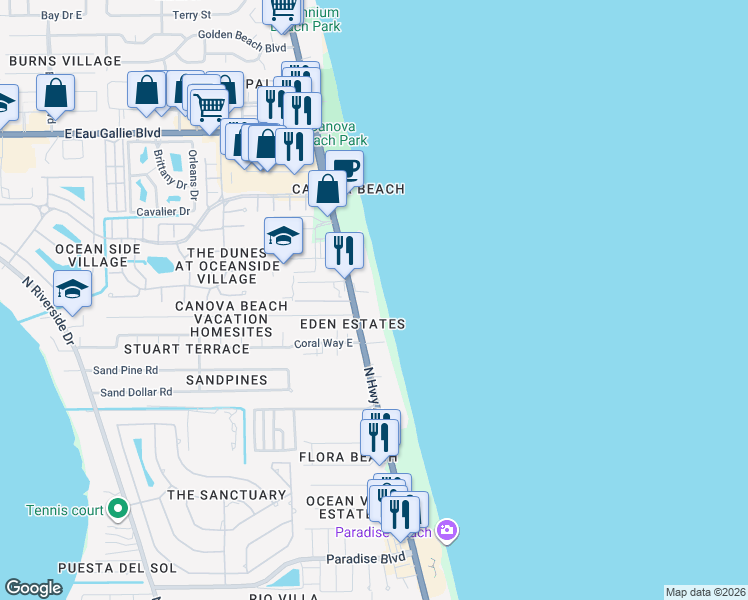 map of restaurants, bars, coffee shops, grocery stores, and more near 2875 North Highway A1A in Indialantic