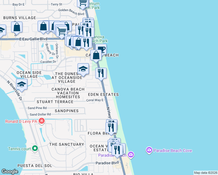 map of restaurants, bars, coffee shops, grocery stores, and more near 2875 North Highway A1A in Indialantic