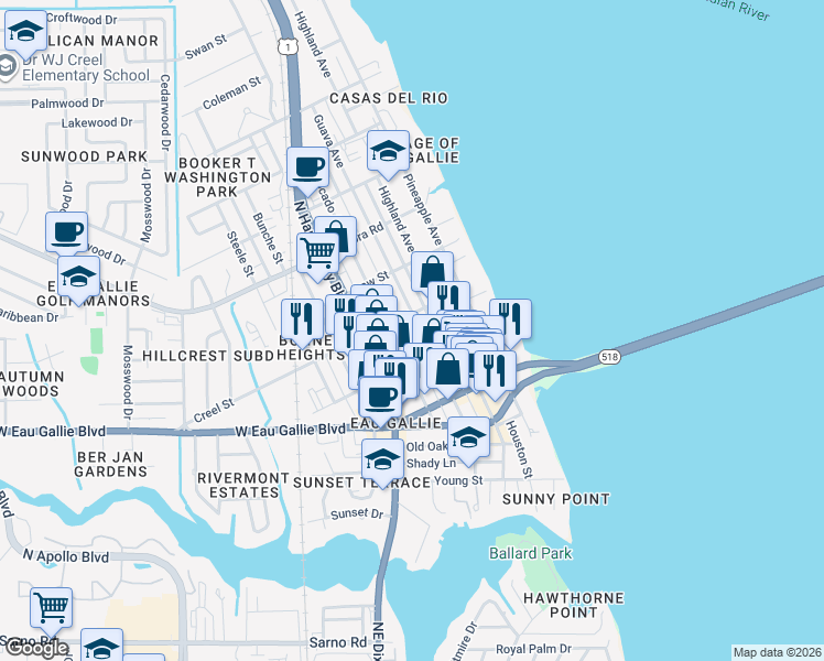 map of restaurants, bars, coffee shops, grocery stores, and more near 1562 Guava Avenue in Melbourne