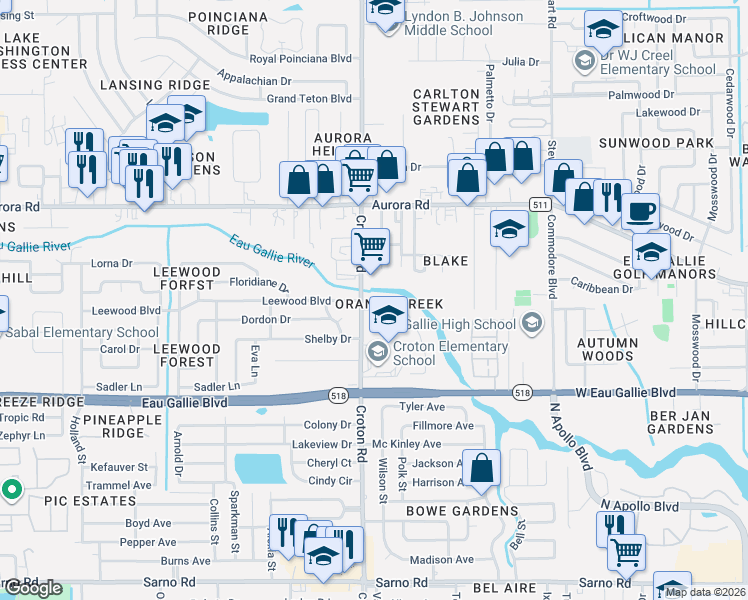 map of restaurants, bars, coffee shops, grocery stores, and more near 2084 Leewood Boulevard in Melbourne
