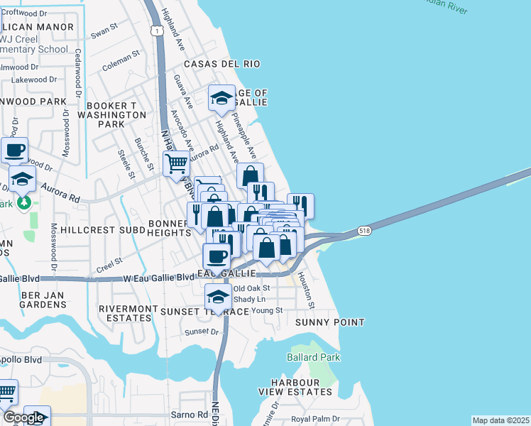 map of restaurants, bars, coffee shops, grocery stores, and more near 1561 Highland Avenue in Melbourne