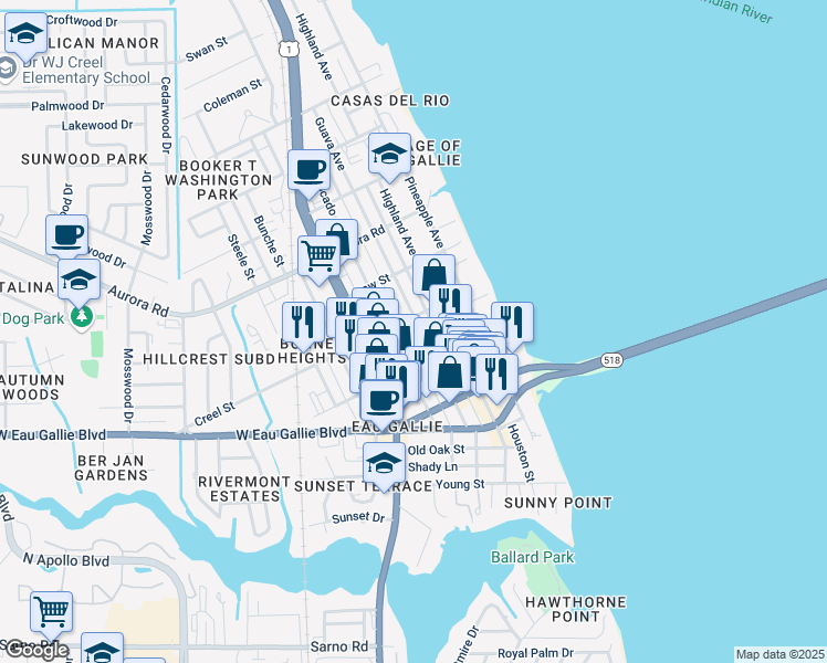 map of restaurants, bars, coffee shops, grocery stores, and more near 1562 Guava Avenue in Melbourne