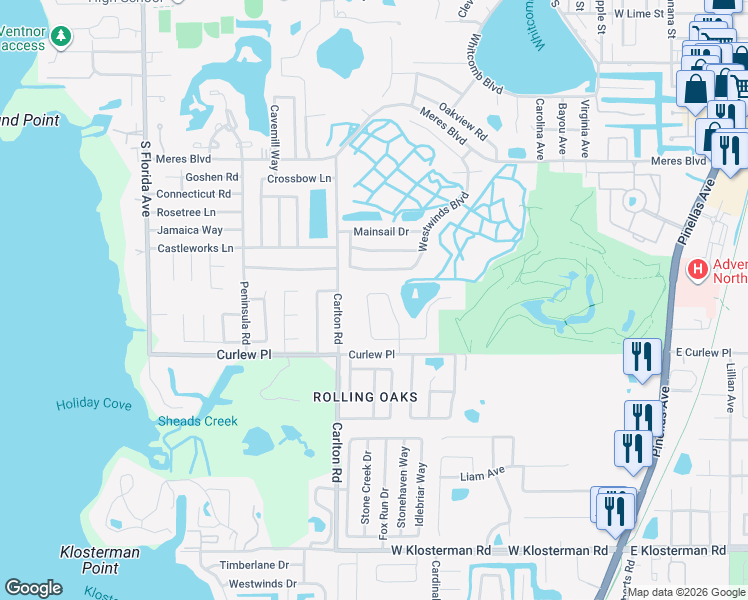 map of restaurants, bars, coffee shops, grocery stores, and more near 1140 Lancer Lane West in Tarpon Springs