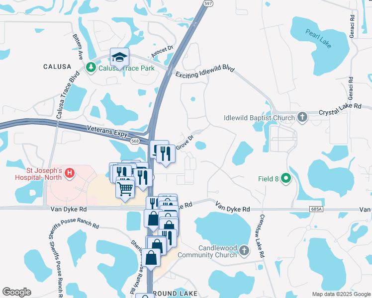 map of restaurants, bars, coffee shops, grocery stores, and more near 18065 Promenade Park Lane in Lutz