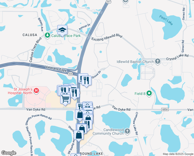 map of restaurants, bars, coffee shops, grocery stores, and more near in Lutz