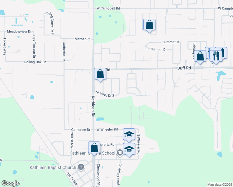 map of restaurants, bars, coffee shops, grocery stores, and more near 7110 Hileman Drive East in Lakeland