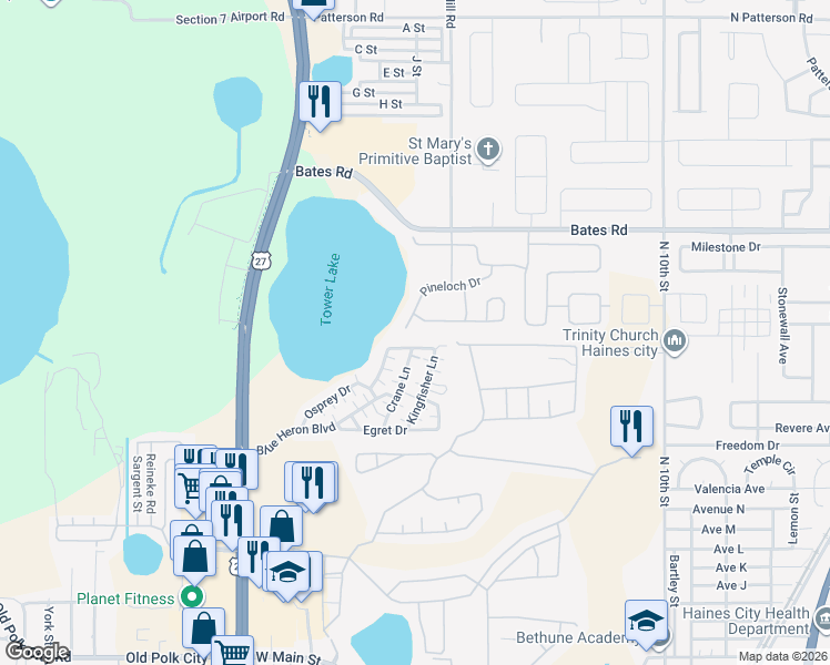 map of restaurants, bars, coffee shops, grocery stores, and more near 552 Pineloch Drive in Haines City