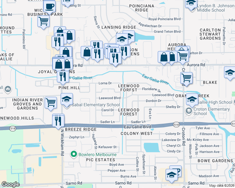 map of restaurants, bars, coffee shops, grocery stores, and more near 2547 Floridiane Dr in Melbourne