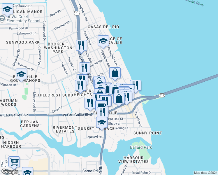 map of restaurants, bars, coffee shops, grocery stores, and more near 1562 Guava Avenue in Melbourne