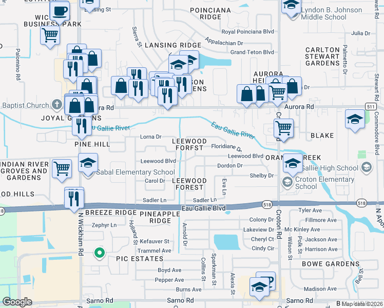 map of restaurants, bars, coffee shops, grocery stores, and more near 1575 Arnold Drive in Melbourne