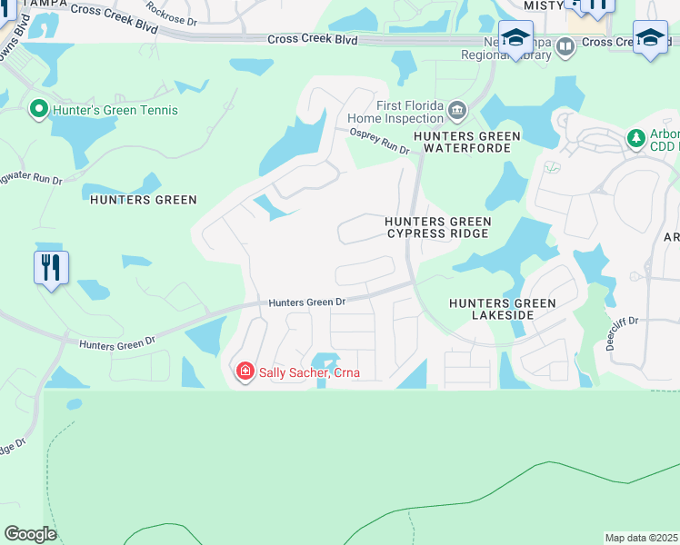map of restaurants, bars, coffee shops, grocery stores, and more near 9319 Wellington Park Circle in Tampa