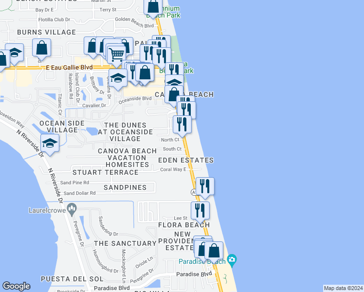 map of restaurants, bars, coffee shops, grocery stores, and more near 2900 North Highway A1A in Indialantic