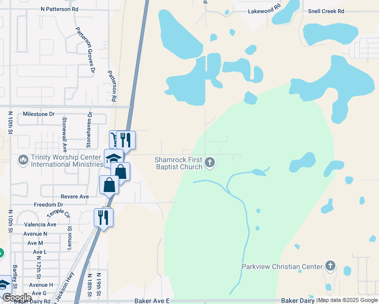 map of restaurants, bars, coffee shops, grocery stores, and more near 2726 Shamrock Drive in Haines City