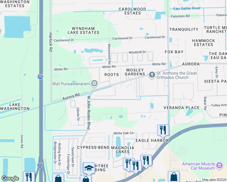map of restaurants, bars, coffee shops, grocery stores, and more near 1570 Morgan Court in Melbourne