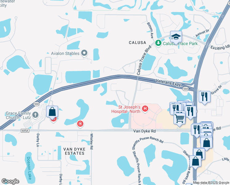 map of restaurants, bars, coffee shops, grocery stores, and more near 18002 Sparrows Nest Drive in Lutz