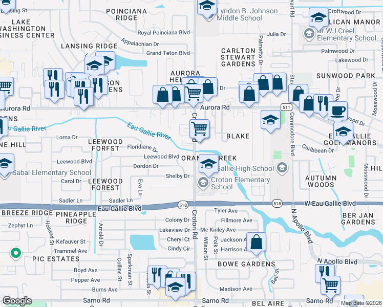 map of restaurants, bars, coffee shops, grocery stores, and more near 2084 Leewood Boulevard in Melbourne