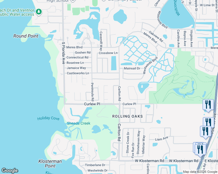 map of restaurants, bars, coffee shops, grocery stores, and more near 1301 Fir Court in Tarpon Springs