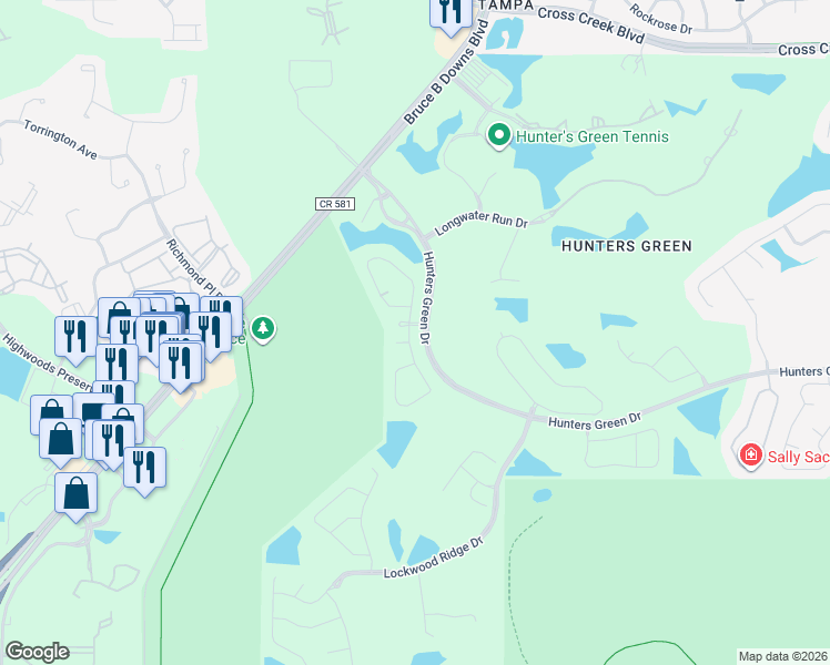 map of restaurants, bars, coffee shops, grocery stores, and more near 17857 Green Willow Drive in Tampa