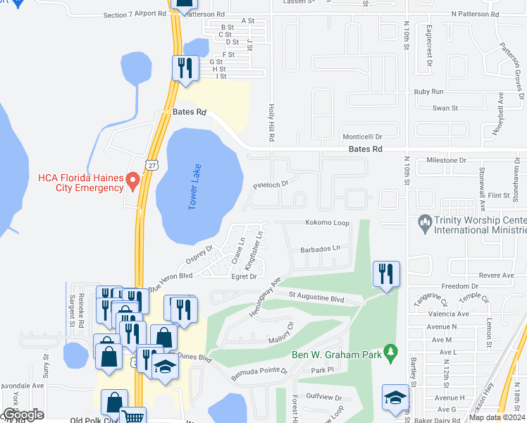 map of restaurants, bars, coffee shops, grocery stores, and more near 611 Copeland Drive in Haines City