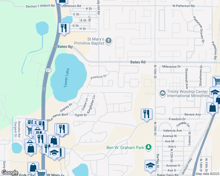 map of restaurants, bars, coffee shops, grocery stores, and more near 639 Copeland Drive in Haines City